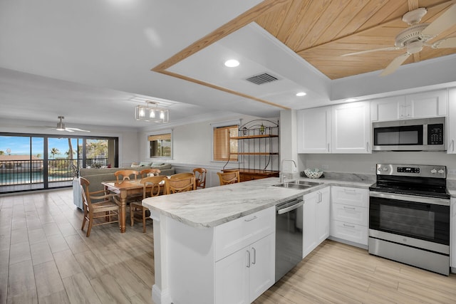 kitchen featuring white cabinetry, stainless steel appliances, kitchen peninsula, and sink