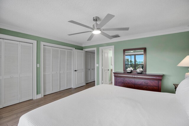 bedroom featuring crown molding, light hardwood / wood-style floors, a textured ceiling, and two closets