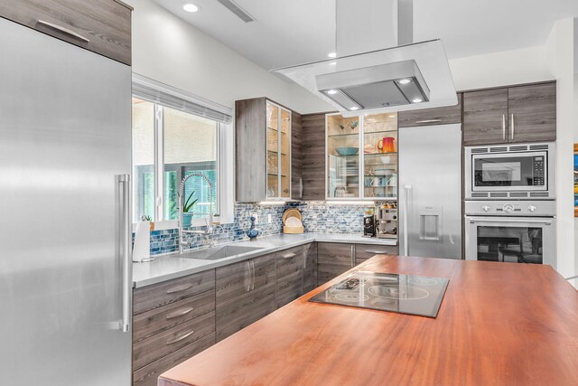 kitchen featuring island range hood, tasteful backsplash, sink, built in appliances, and dark brown cabinets