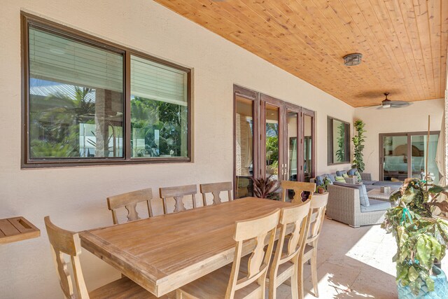 dining area featuring wood ceiling and ceiling fan