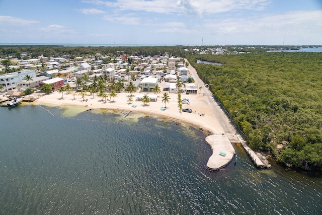 drone / aerial view featuring a view of the beach and a water view