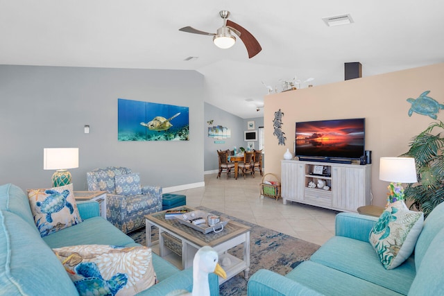 tiled living room with vaulted ceiling and ceiling fan