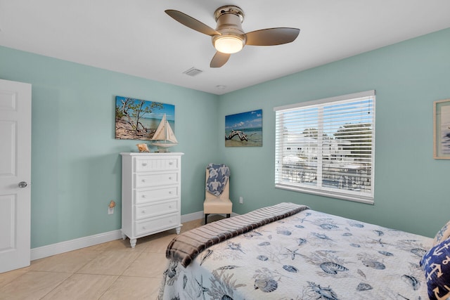 59 Bird Ln, Key Largo, FL 33037 - bedroom featuring a ceiling fan, baseboards, visible vents, and light tile patterned floors