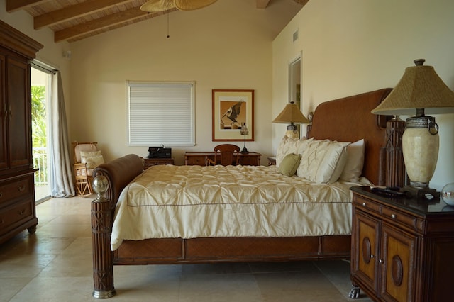 bedroom featuring vaulted ceiling with beams, access to exterior, and wood ceiling