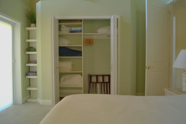 unfurnished bedroom featuring light colored carpet and a closet