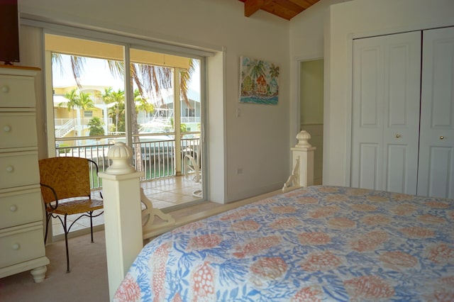 bedroom with lofted ceiling, a closet, and access to outside