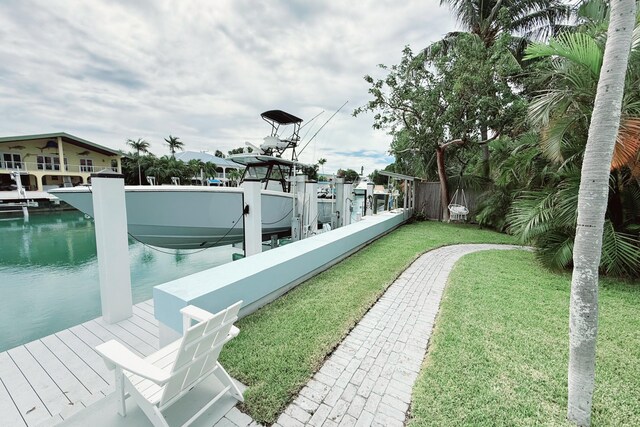 dock area featuring a water view and a yard