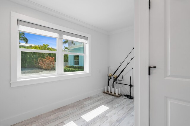 unfurnished room with crown molding and light hardwood / wood-style flooring