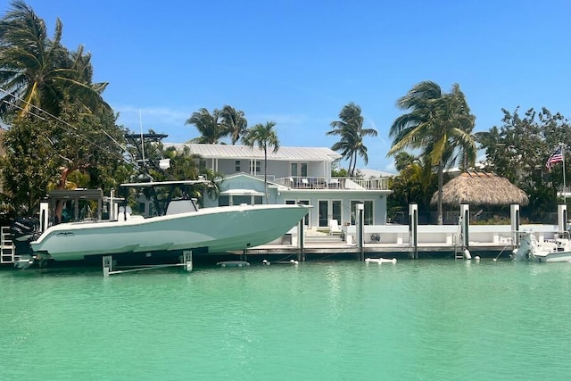 view of dock with a water view