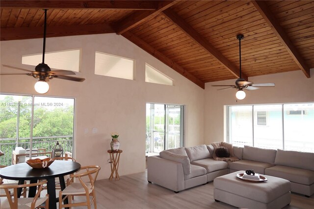 213 Aberdeen Ct, Key Largo, FL 33070 - living room featuring a ceiling fan, light wood finished floors, a wooden ceiling with exposed beams, and high vaulted ceiling