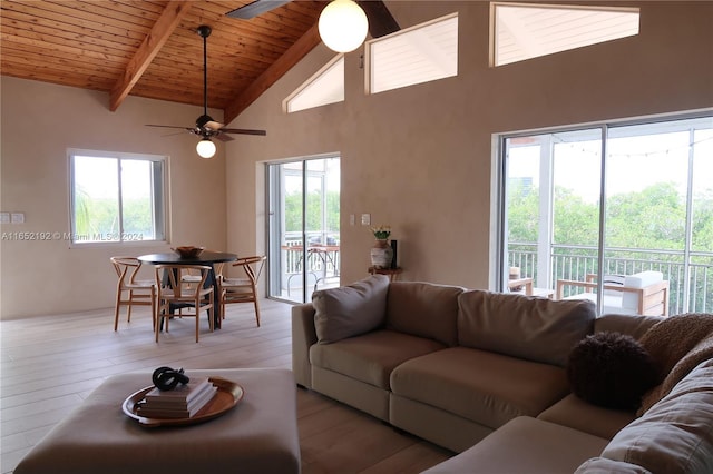 213 Aberdeen Ct, Key Largo, FL 33070 - living room featuring ceiling fan, a wooden ceiling with exposed beams, high vaulted ceiling, plenty of natural light, and wood-type flooring