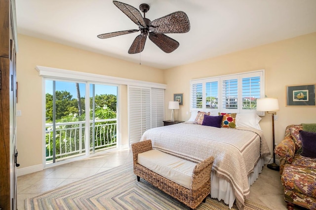 bedroom with light tile patterned floors and ceiling fan