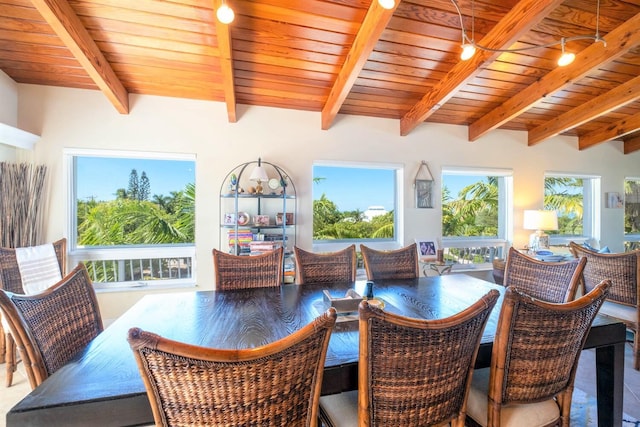 dining room with beam ceiling and wooden ceiling