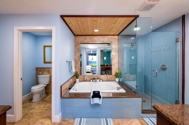 full bathroom with vanity, wood ceiling, toilet, and separate shower and tub