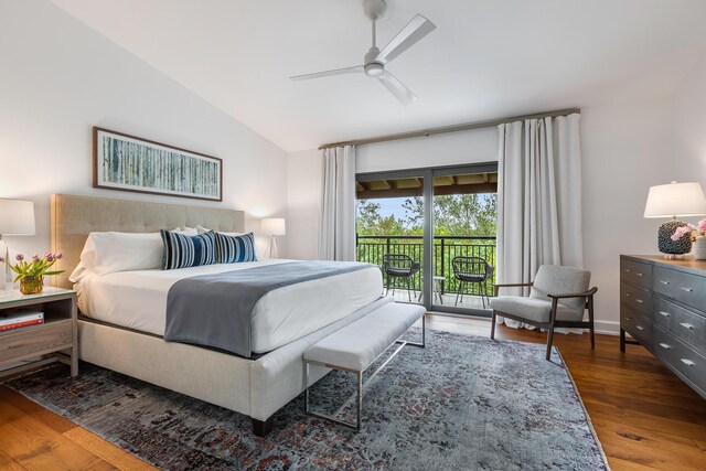 bedroom with vaulted ceiling, dark wood-type flooring, access to exterior, and ceiling fan