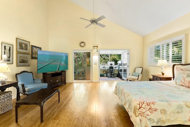 33 Pen Key Dr, Islamorada, FL 33036 - bedroom featuring ceiling fan, high vaulted ceiling, light hardwood / wood-style floors, and multiple windows