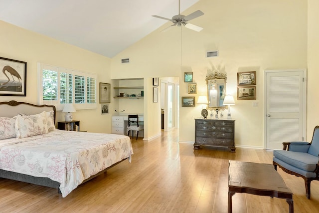 33 Pen Key Dr, Islamorada, FL 33036 - bedroom featuring ceiling fan, high vaulted ceiling, and light wood-type flooring