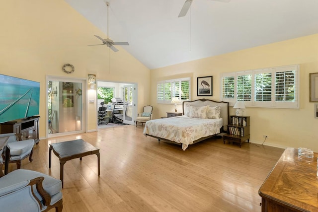 33 Pen Key Dr, Islamorada, FL 33036 - bedroom with ceiling fan, high vaulted ceiling, and light wood-type flooring