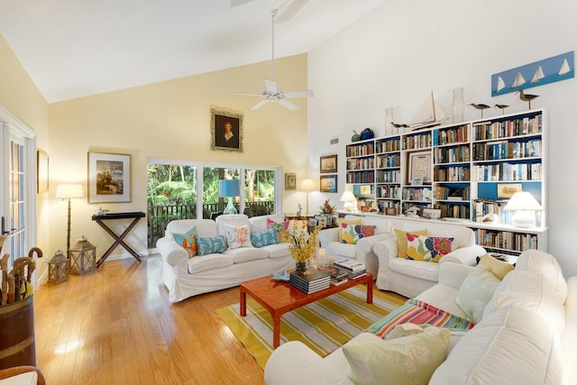 33 Pen Key Dr, Islamorada, FL 33036 - living room with french doors, ceiling fan, high vaulted ceiling, and light wood-type flooring