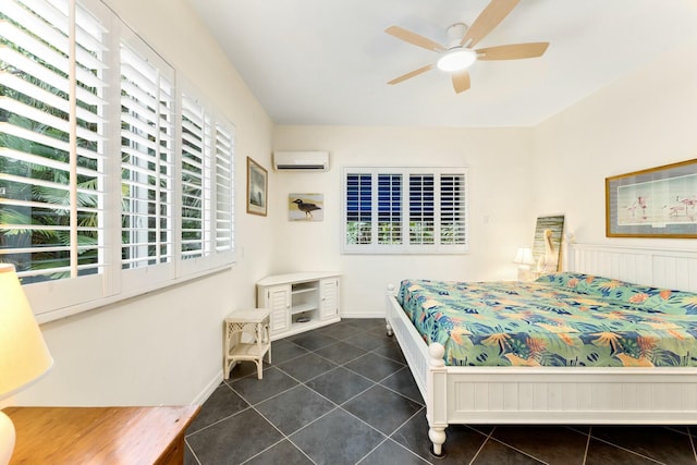 33 Pen Key Dr, Islamorada, FL 33036 - bedroom featuring ceiling fan, a wall mounted AC, and dark tile patterned flooring