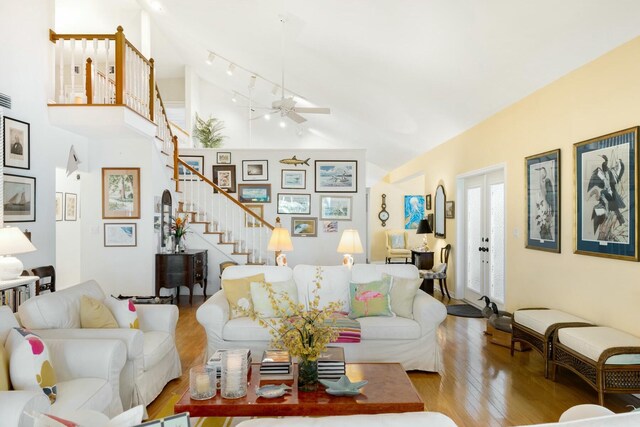33 Pen Key Dr, Islamorada, FL 33036 - living room featuring hardwood / wood-style flooring, high vaulted ceiling, and ceiling fan