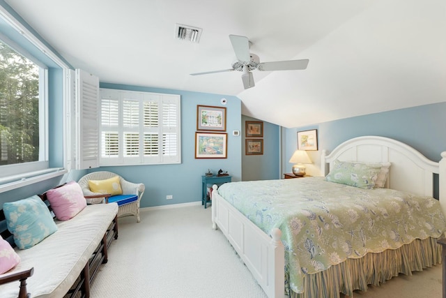 33 Pen Key Dr, Islamorada, FL 33036 - carpeted bedroom featuring ceiling fan, lofted ceiling, and multiple windows
