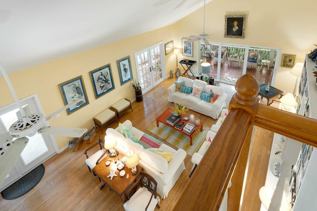 33 Pen Key Dr, Islamorada, FL 33036 - living room featuring high vaulted ceiling, hardwood / wood-style floors, ceiling fan, and french doors