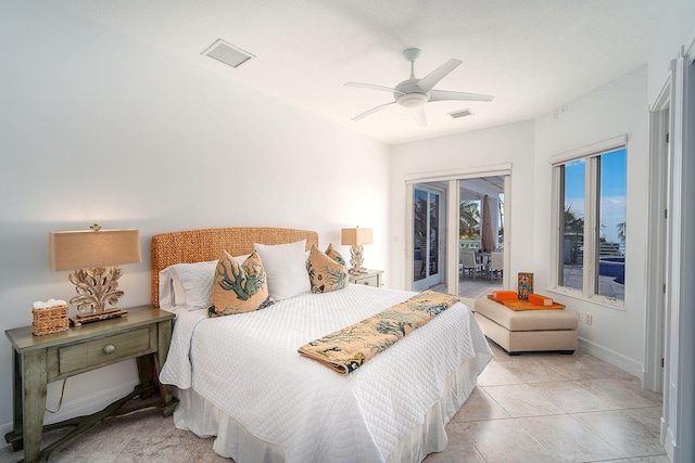 tiled bedroom featuring access to outside and ceiling fan