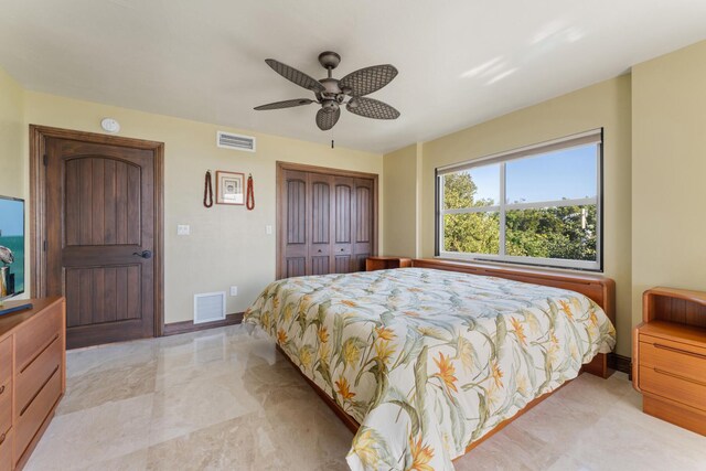 bedroom featuring ceiling fan and a closet