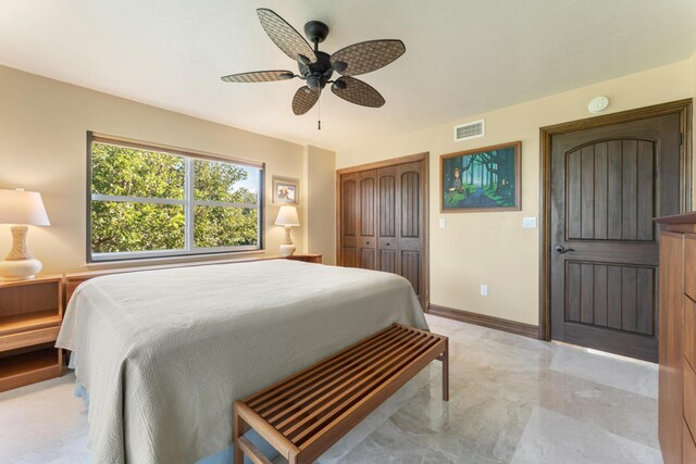 bedroom with ceiling fan and a closet