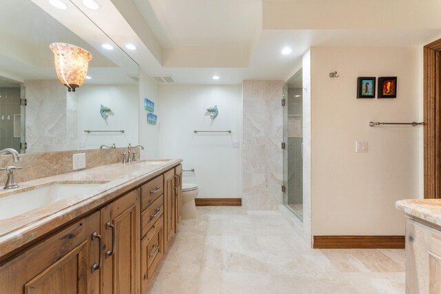 bathroom with vanity, a raised ceiling, toilet, and walk in shower