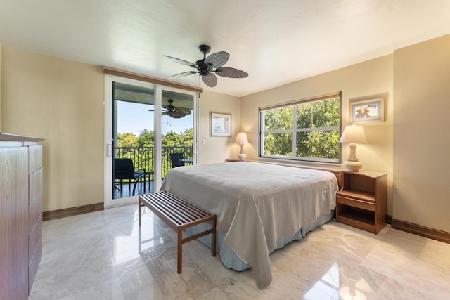 bedroom featuring ceiling fan, access to exterior, and multiple windows