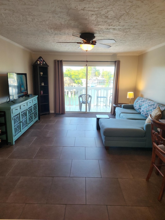 unfurnished living room featuring crown molding, ceiling fan, and a wealth of natural light