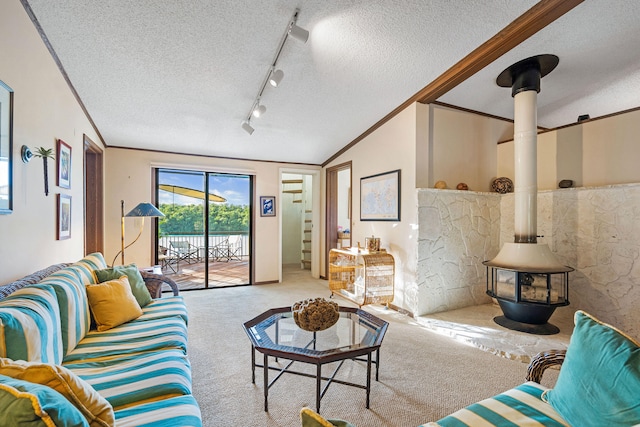 carpeted living room with ornamental molding, rail lighting, a textured ceiling, and a wood stove