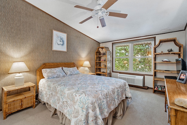 bedroom featuring ceiling fan, a wall unit AC, a textured ceiling, light carpet, and vaulted ceiling