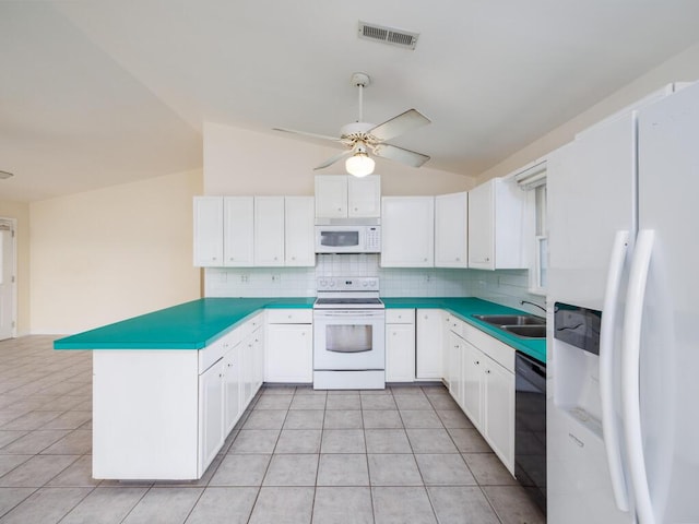 kitchen with white cabinetry, sink, backsplash, and white appliances