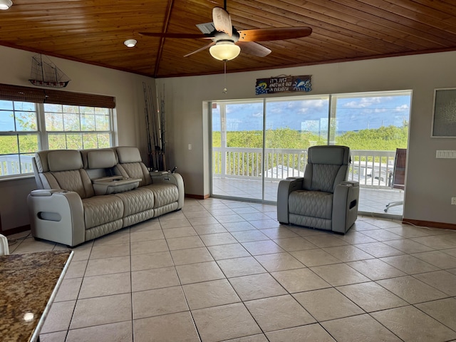 27821 Leeward S Rd, Little Torch, FL 33042 - living area featuring wood ceiling, light tile patterned flooring, and a ceiling fan