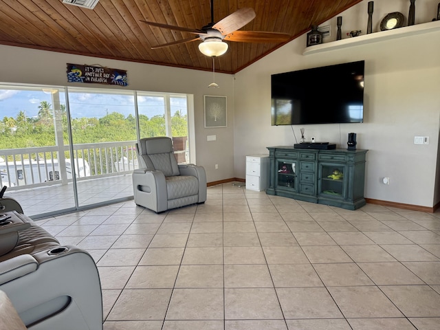 27821 Leeward S Rd, Little Torch, FL 33042 - living room featuring wood ceiling, light tile patterned floors, ceiling fan, and vaulted ceiling