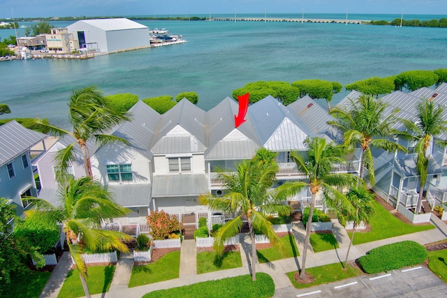 bird's eye view with a water view