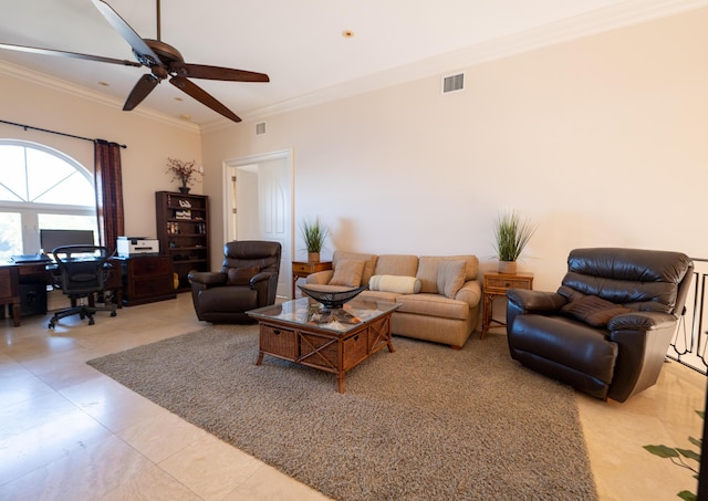 33 Cypress Ave, Key Haven, FL 33040 - living area featuring an office area, crown molding, a ceiling fan, and light tile patterned floors