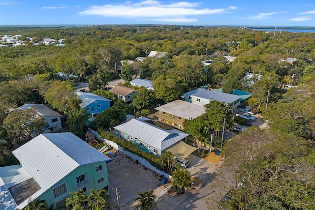 drone / aerial view with a wooded view