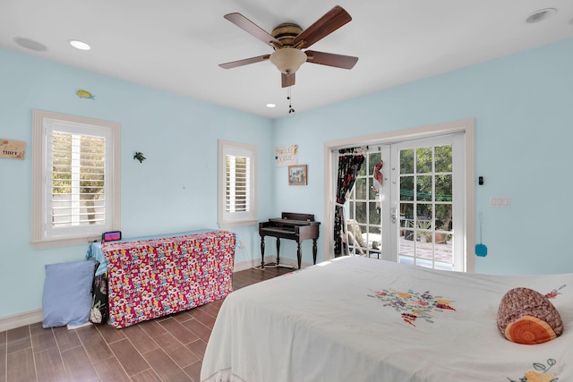 bedroom featuring ceiling fan, baseboards, recessed lighting, french doors, and wood finished floors