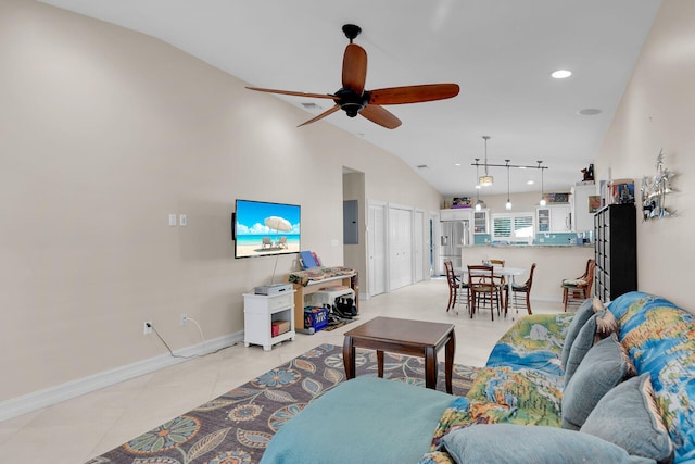 living room featuring lofted ceiling, recessed lighting, light tile patterned floors, baseboards, and ceiling fan