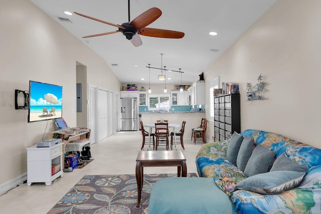 living area with lofted ceiling, recessed lighting, a ceiling fan, and visible vents