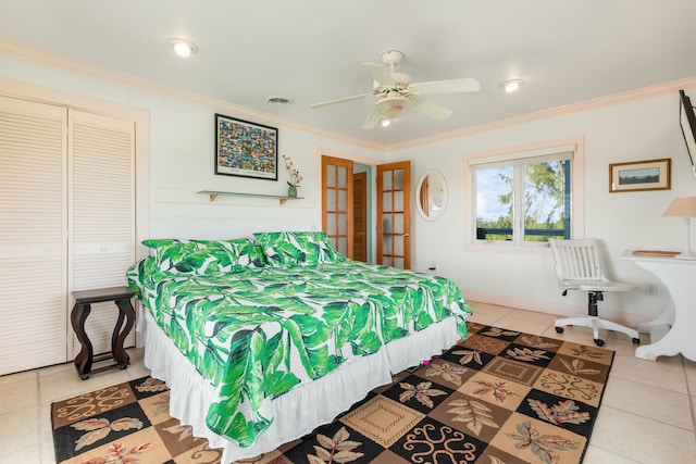 bedroom with crown molding, tile patterned floors, and ceiling fan