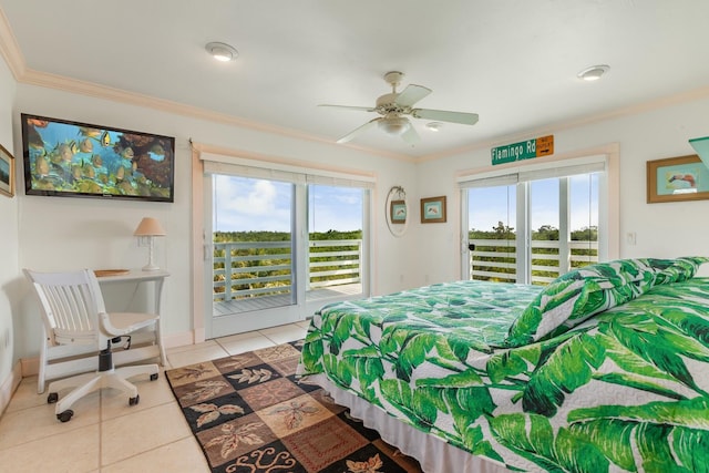 bedroom with tile patterned flooring, crown molding, and access to outside