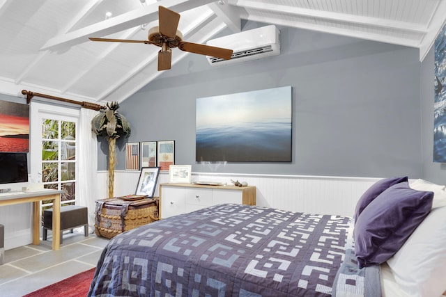 bedroom featuring vaulted ceiling with beams, an AC wall unit, and ceiling fan