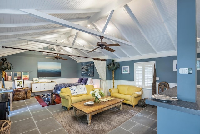 living room with lofted ceiling with beams and ceiling fan