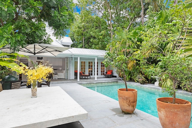 view of swimming pool with an outbuilding and a patio