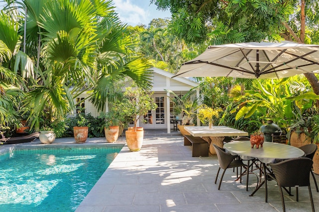 view of swimming pool featuring french doors and a patio